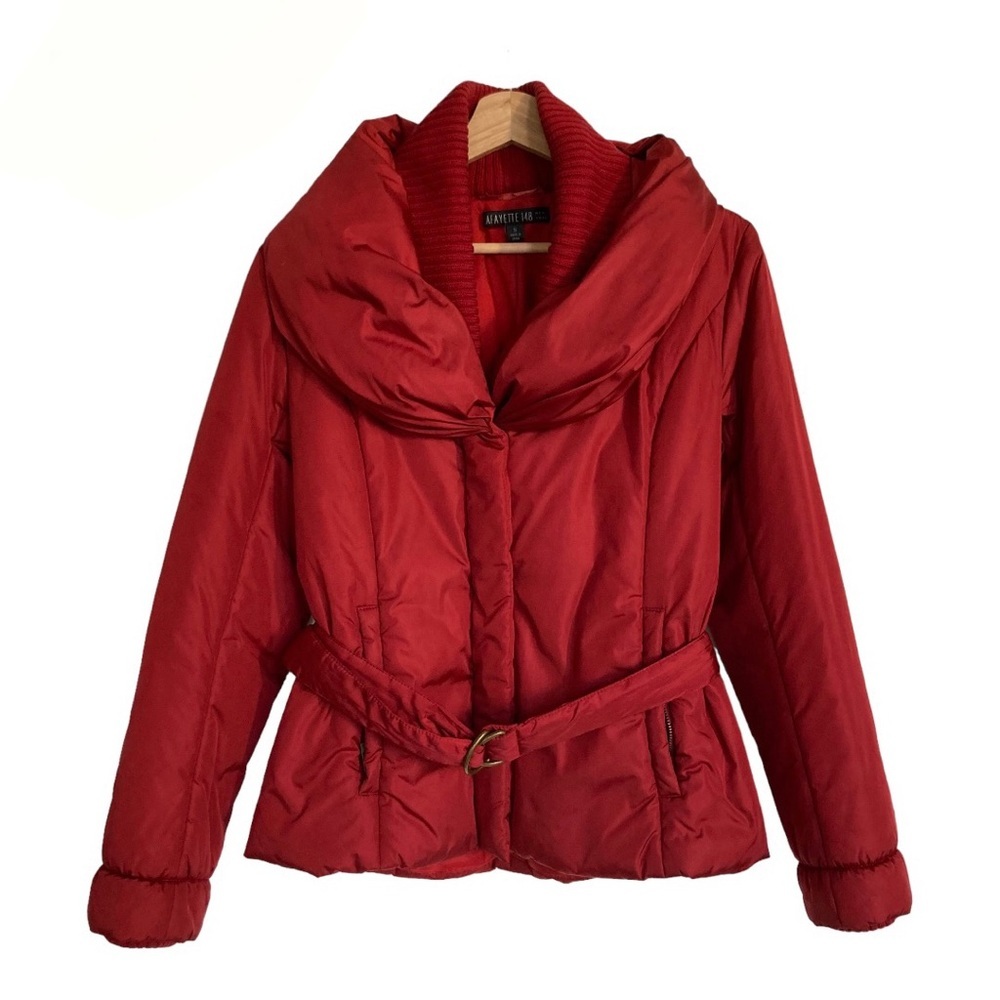 Lafayette 148 New York Red Polyester Wool Blend Belted Puffer Coat, Size Small
